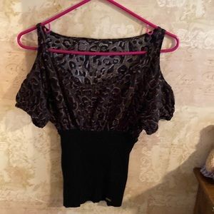 Guess Half Leopard Print/Half Ribbed Black Cut Out Shoulder Short Sleeve Shirt.